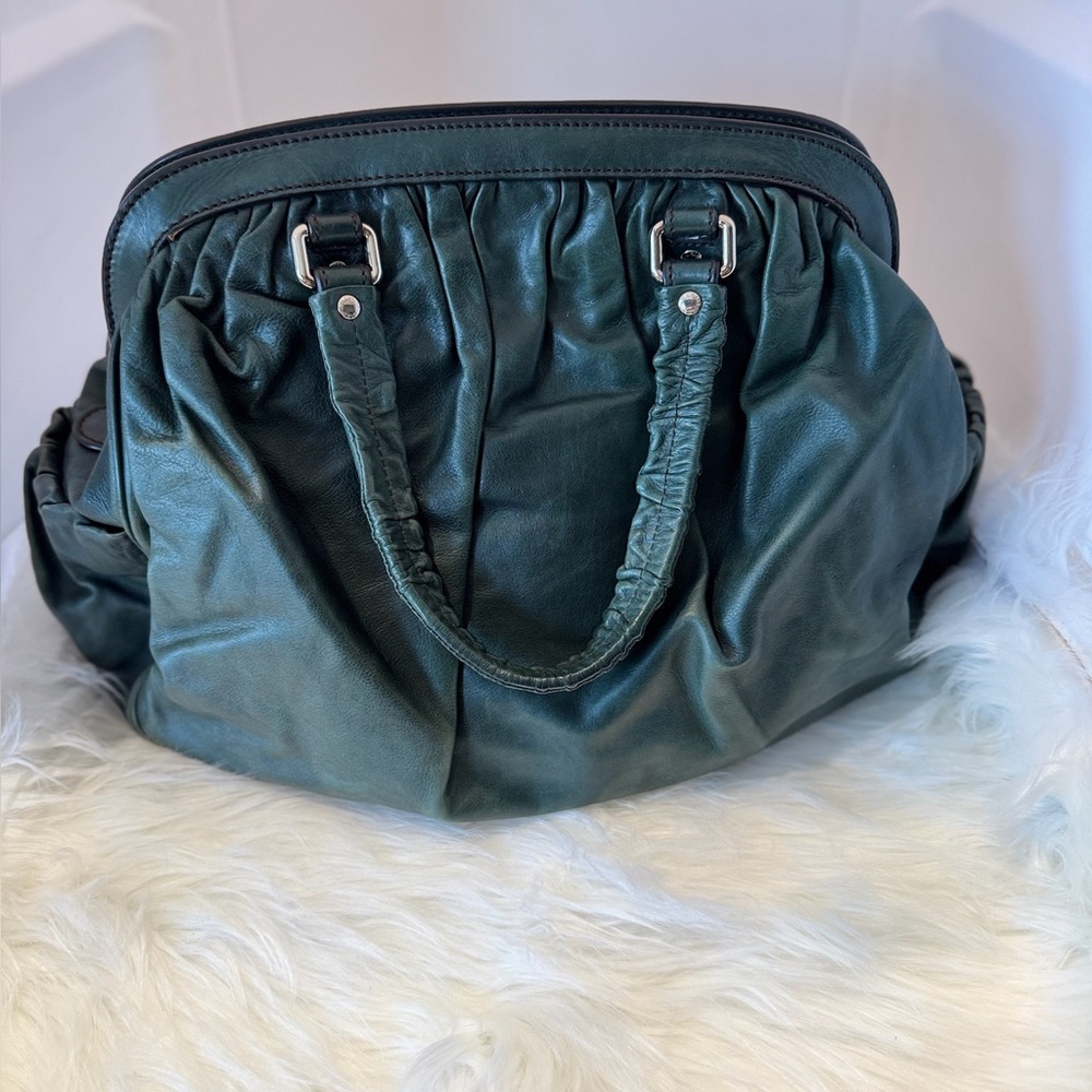 Dolce & Gabbana “Miss Curly” Petrol Green Satchel — Leopard Lining
